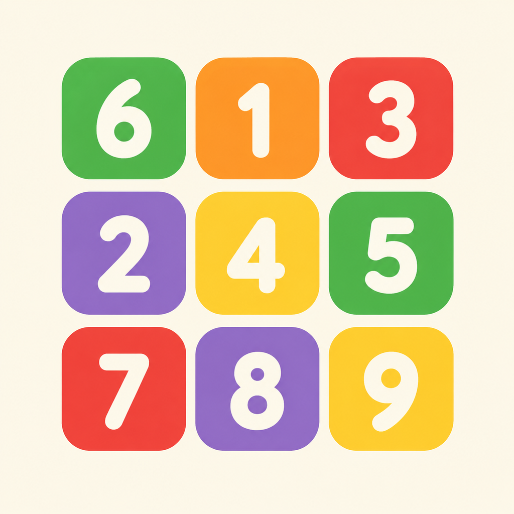 Nine colored number tiles illustrating the pot puzzle
